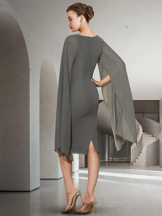 Wholesale Mother of the Bride Dress Elegant Jewel Neck Knee Length Chiffon Long Sleeve with Beading